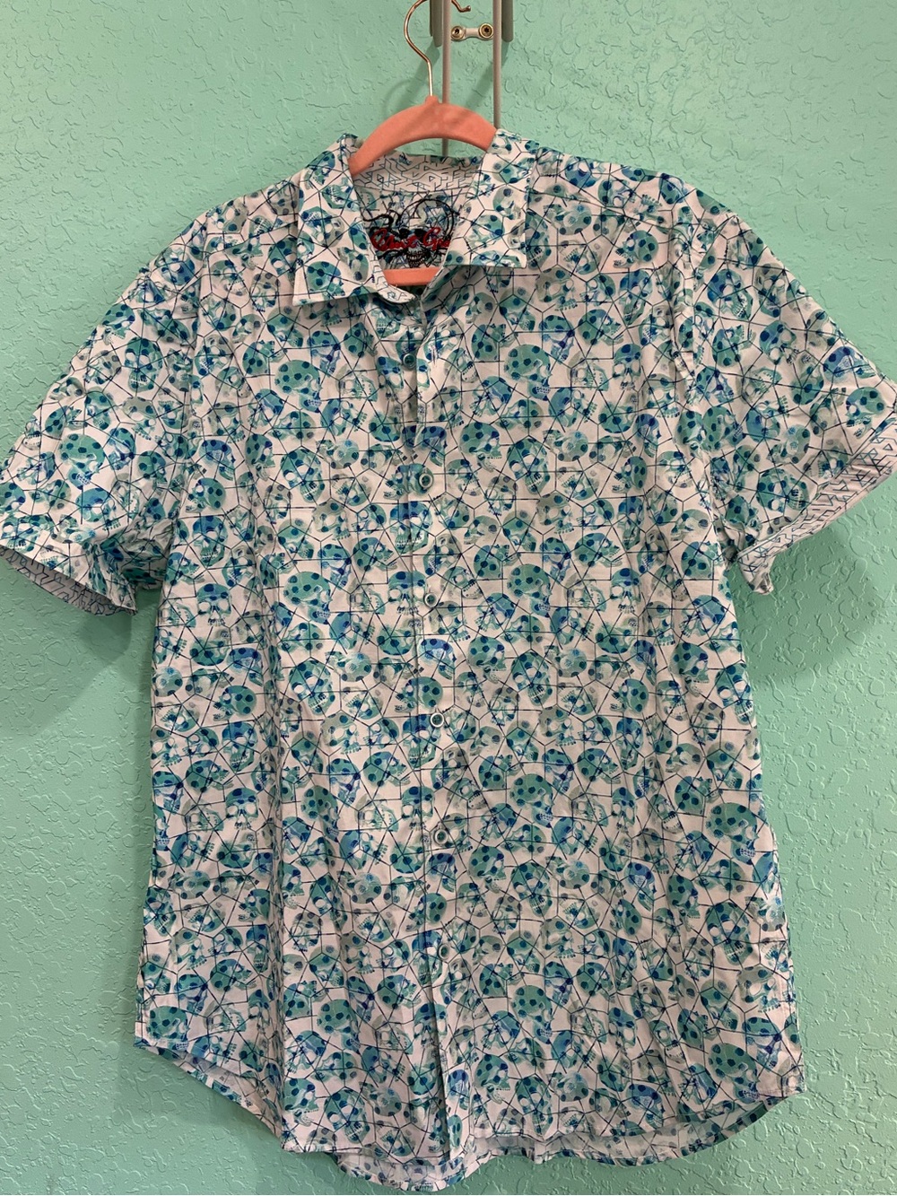 Robert Graham Men's Short-Sleeve Button-Up Shirt in Teal & White blue Skull XL